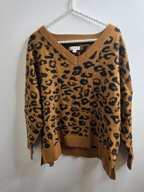 Knox Rose XXL Leopard Print V-Neck Oversized Sweater Brown Black